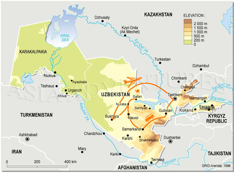 Map of tour 'On Baktrian camel through Kyzyl-Kum desert'