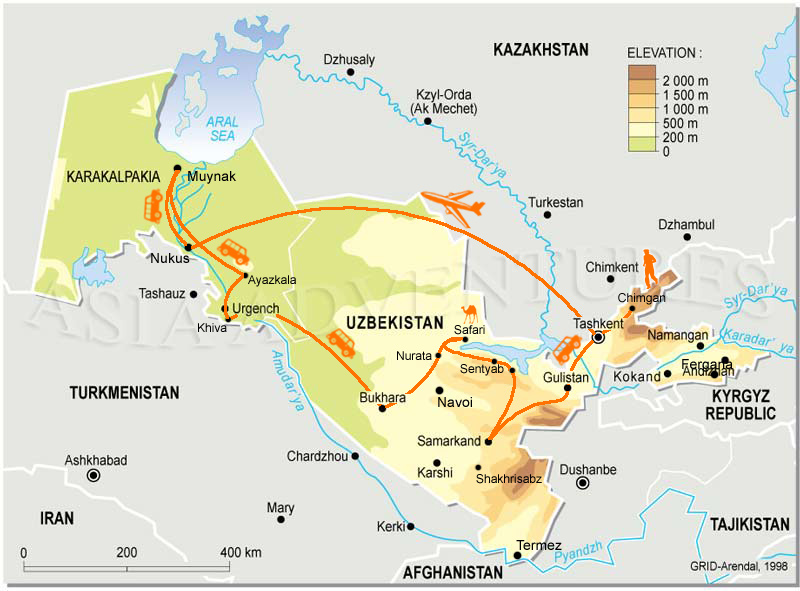 Map of tour 'Adventures in Uzbekistan'
